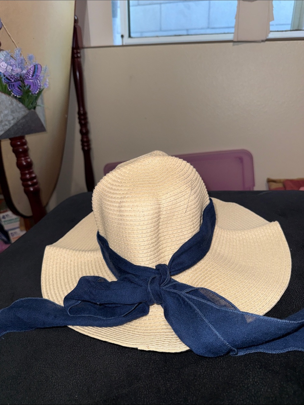 Steve Madden Cream Straw Sun Hat with Navy Tie